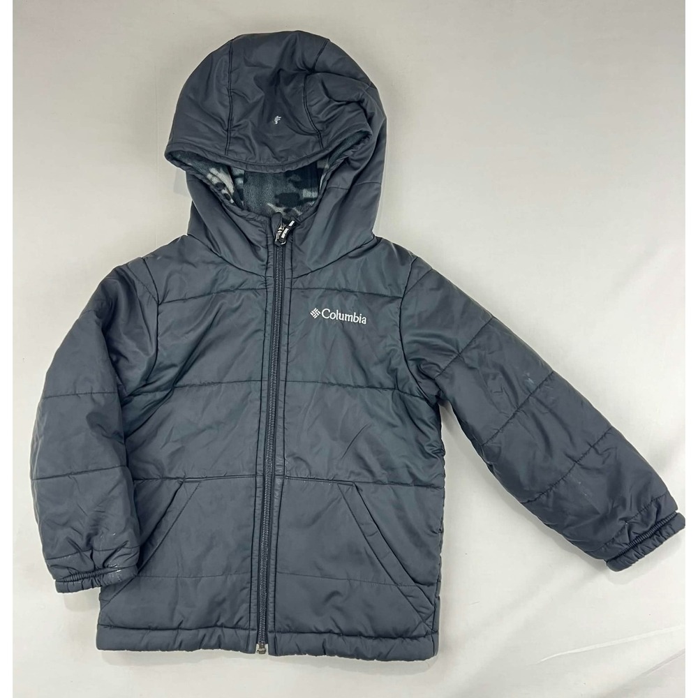 GUC Columbia Kids Reversible Puffer Hooded Fleece Jacket Boy Camo Black Size XXS